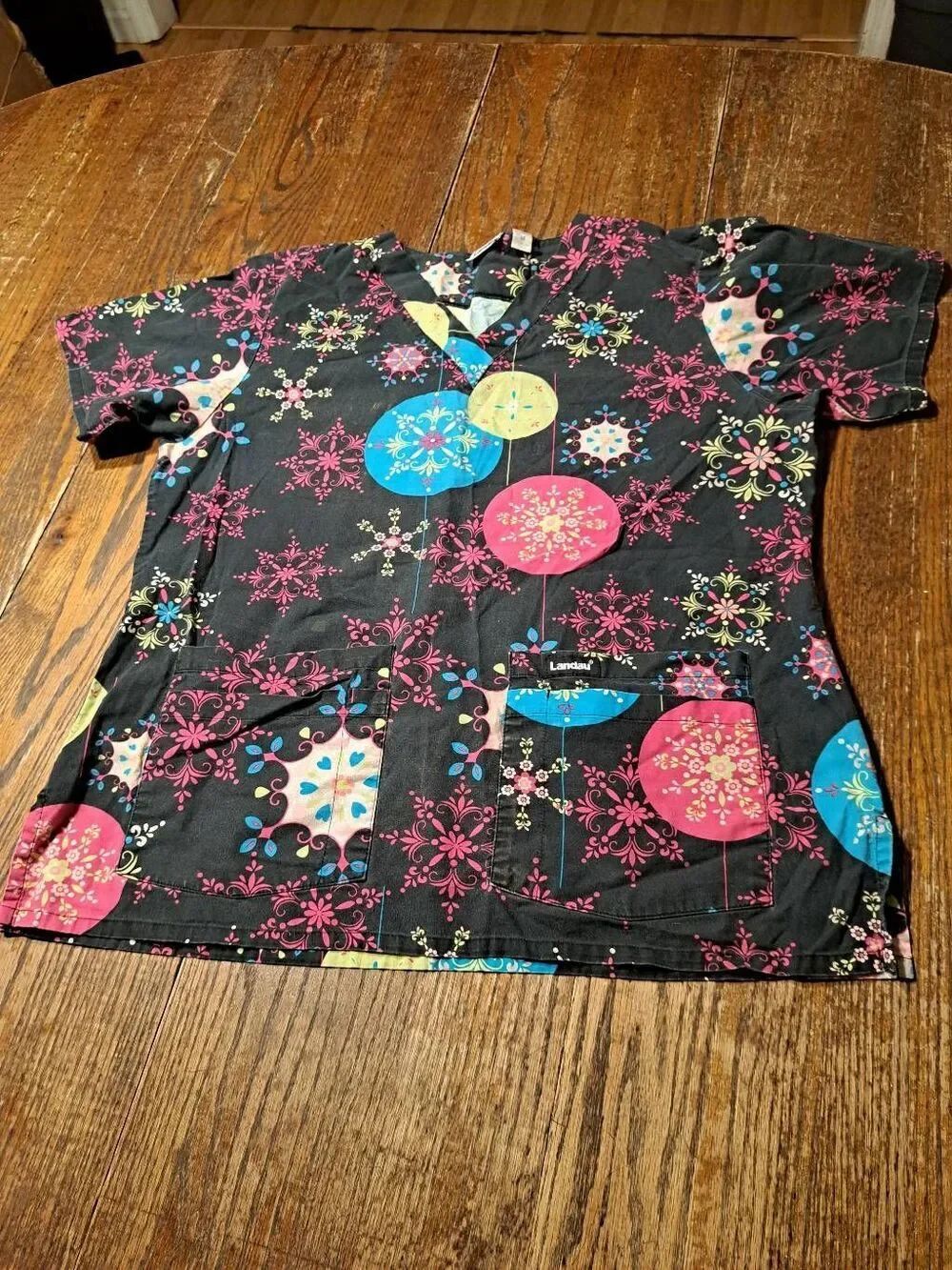 LANDAU Scrubs Medium Black Scrub Top Glitter Pink Blue Yellow V-Neck Pockets
